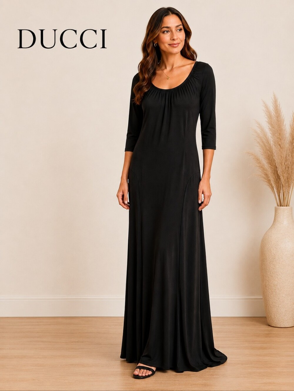 DUCCI Black Maxi Dress Long Sleeve Scoop Neck Stretch A-Line Flowing Size XL